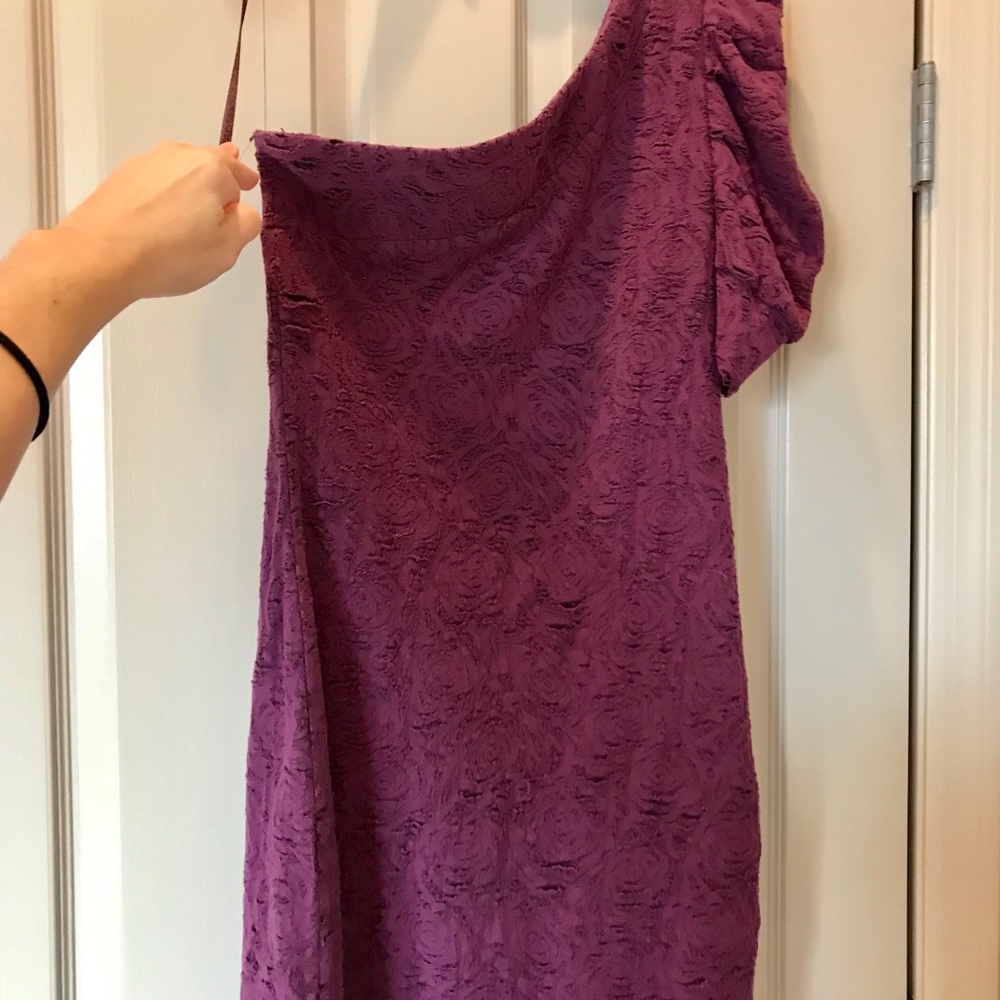 One sleeve purple mini cocktail dress.